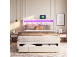 Cama De Casal 160x200 Linho Bege Capitonada C/ Led Usb 4 Gavetas Armazenamento Francês Moderno Nórdico Inteligente P/ Apto Pequeno