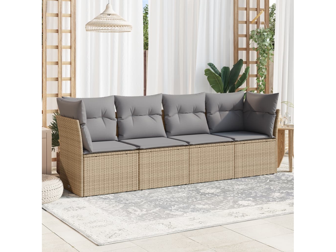 Vidaxl 4 Pcs Conjunto De Sofás Para Jardim C/ Almofadões Vime Pe Bege