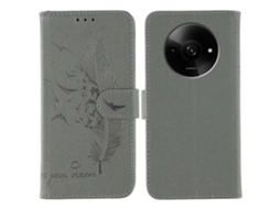 Capa Tipo Carteira De Couro Sintético Com Estampa De Penas Para Xiaomi Poco C61 4g / Redmi A3 4g, Cinza
