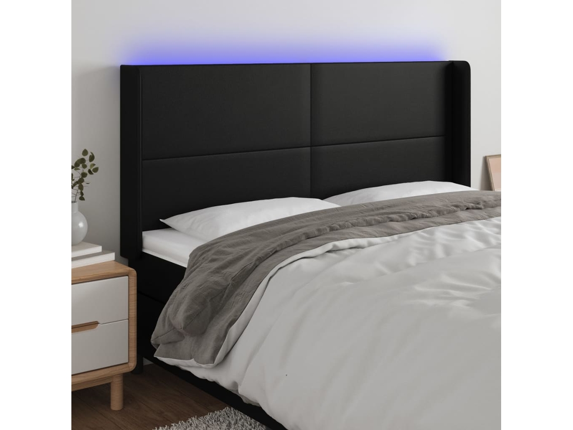 Vidaxl Cabeceira Cama C/ Led Couro Artificial 203x16x118/128 Cm Preto
