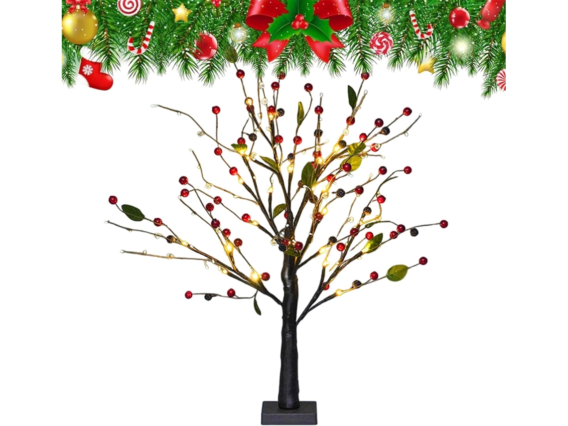 Árvore De Natal Iluminada Com Flores De Frutos Vermelhos | Centro De Mesa Festivo