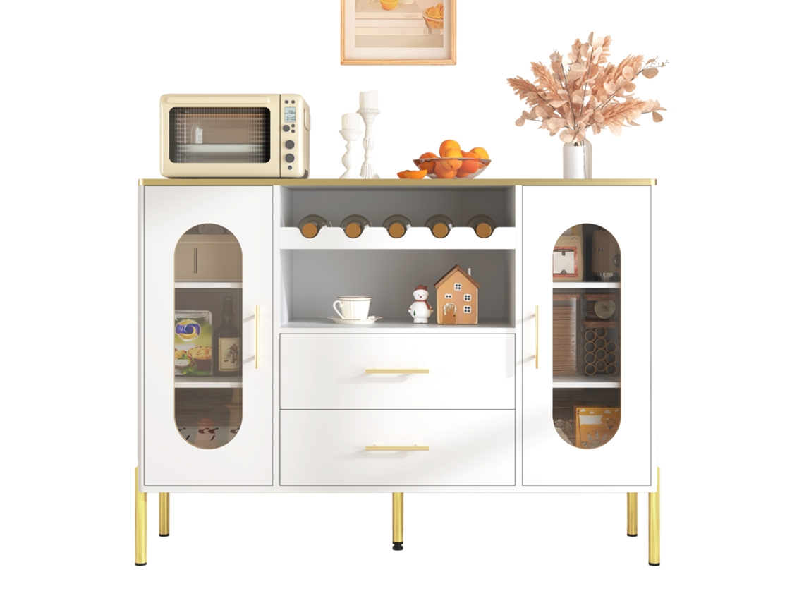 Aparador Branco Com Portas De Vidro E Adega Integrada – Ideal Para Sala De Jantar E Sala De Estar – Pés Ajustáveis