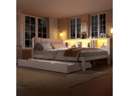 Cama Dia 140x200cm, Sofá-cama Com Cama Extra, Led Regulável, Prateleira E Usb, Pinho Branco.