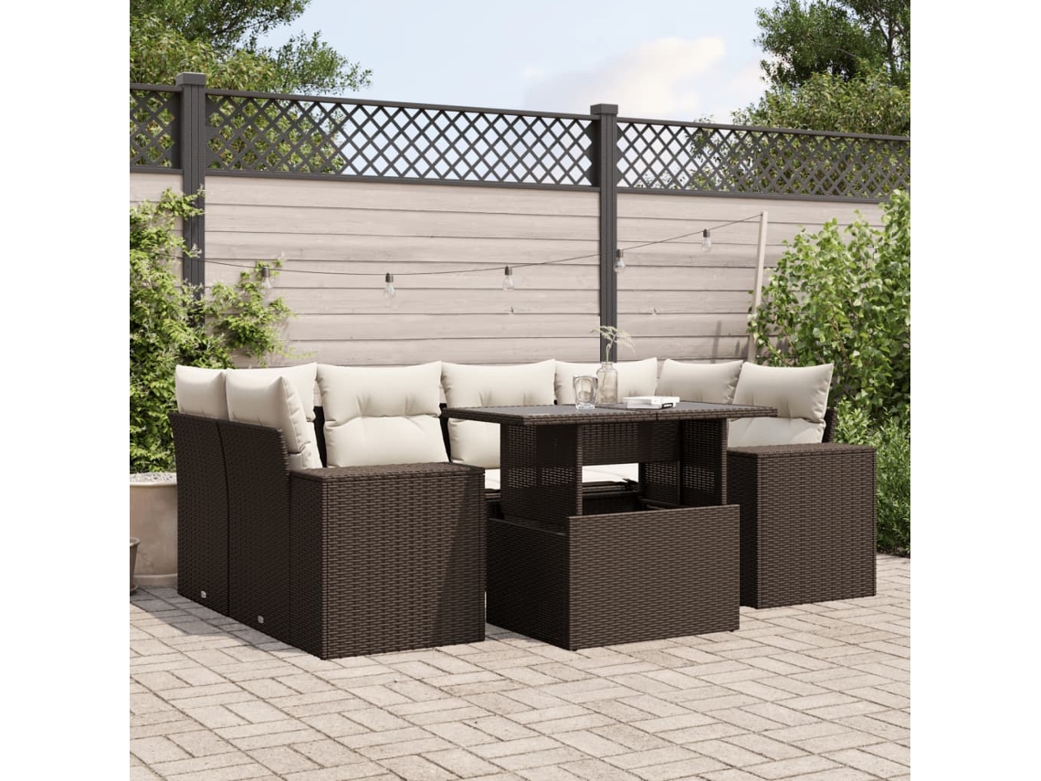 Vidaxl 7 Pcs Conjunto De Sofás Jardim C/ Almofadões Vime Pe Castanho