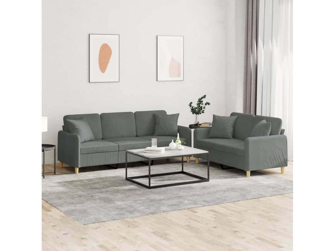 Vidaxl 2 Pcs Conjunto De Sofás Com Almofadas Tecido Cinzento-escuro