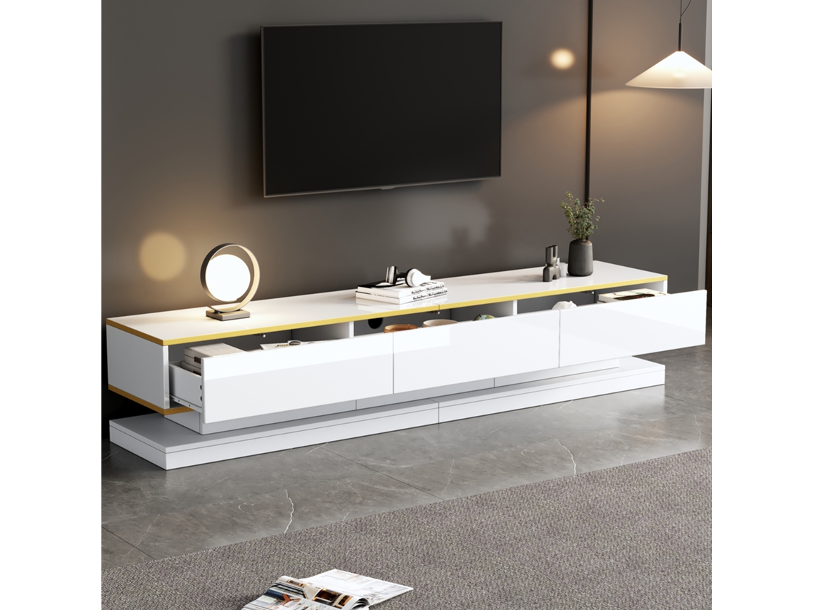 Móvel para TV KOMHTOM com borda dourada, 200x40x40 cm, 3 gavetas, amplo armazenamento, suporta TV 80 polegadas, branco quente brilhante