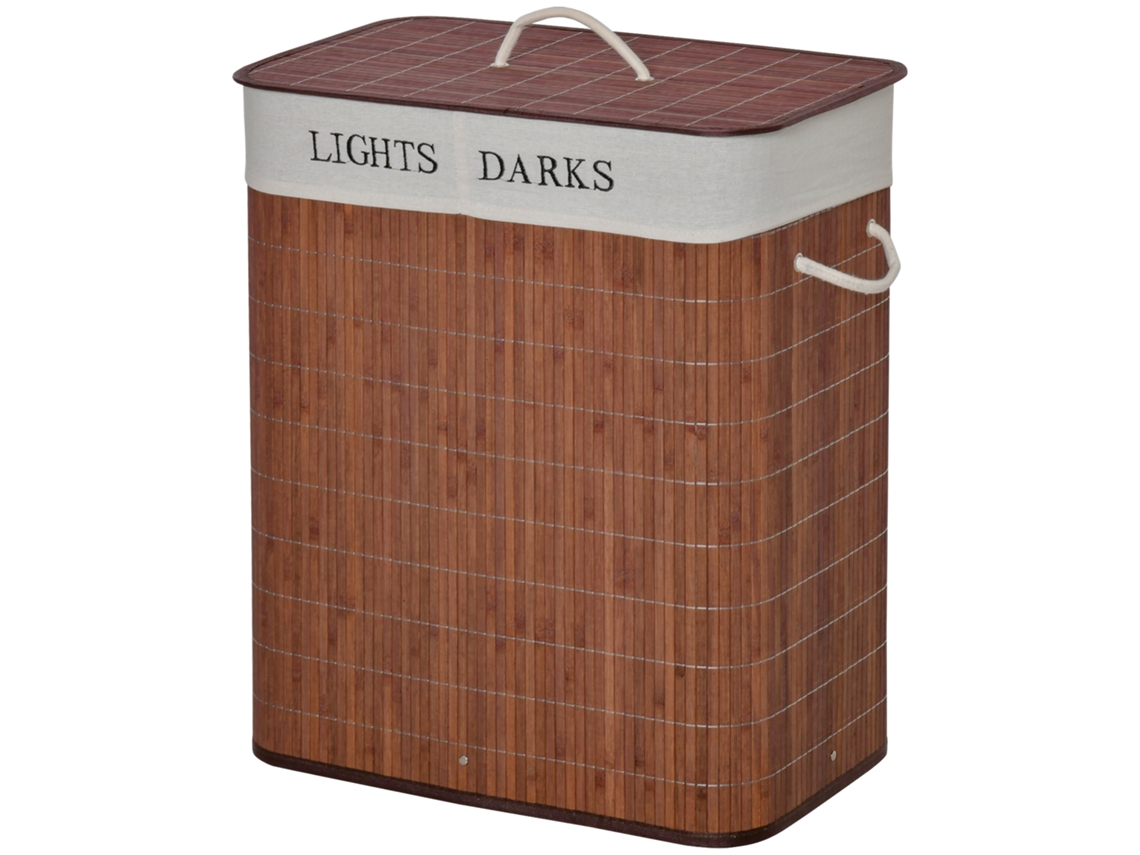Cesto Roupa Bambu 100l, Cesta Retangular com Tampa Removível e 2 Compartimentos (52x32x63cm, Marrom)