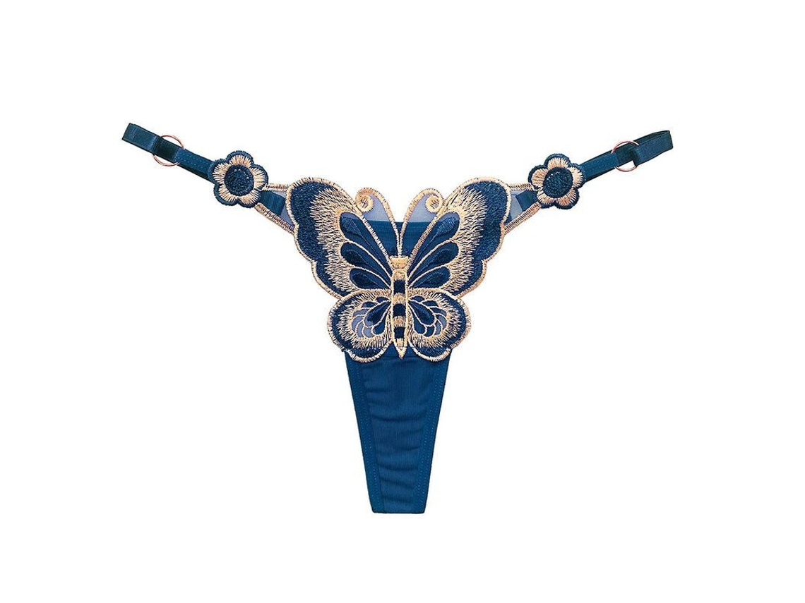 Fasst tanga G string Mujer Con Anillo de Metal Y Bordado de Mariposas Ajustable Interior Sexy