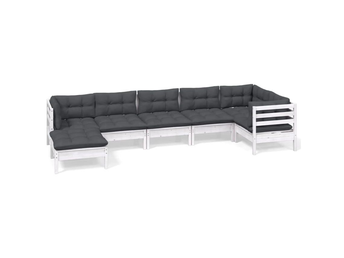 Conjunto de 7 Jardim Lounge C/ Almofadões Pinho Maciço Branco MAISON EXCLUSIVE