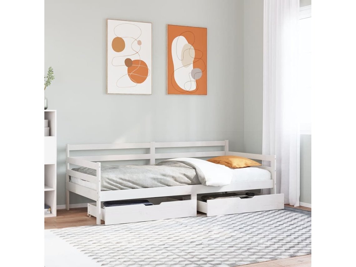 Vidaxl Sofá-cama C/ Gavetas 90x190 Cm Madeira De Pinho Maciça Branco