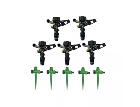 Pack de 5 Aspersores Circulares de Irrigação 1/2 Mais 5 Espigões Porta-Aspersores.