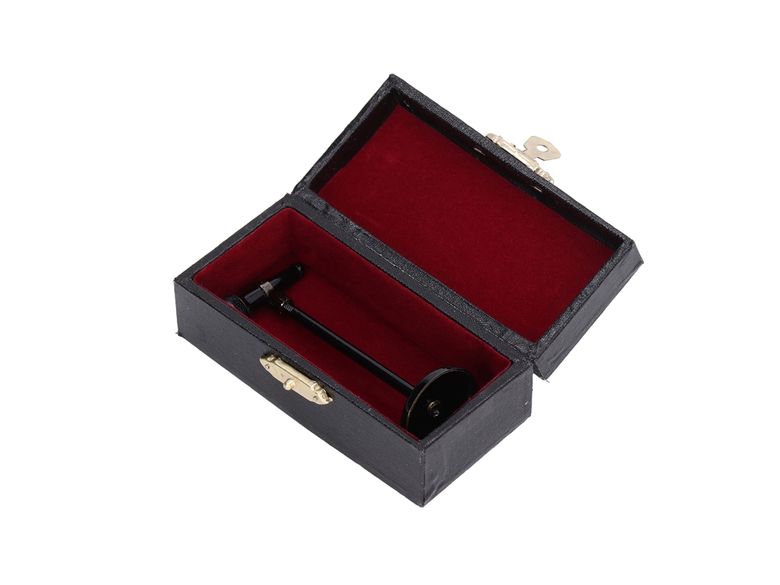 Microfone miniatura ajustável 2026, modelo pequeno, com caixa decorativa, instrumento musical mini preto.