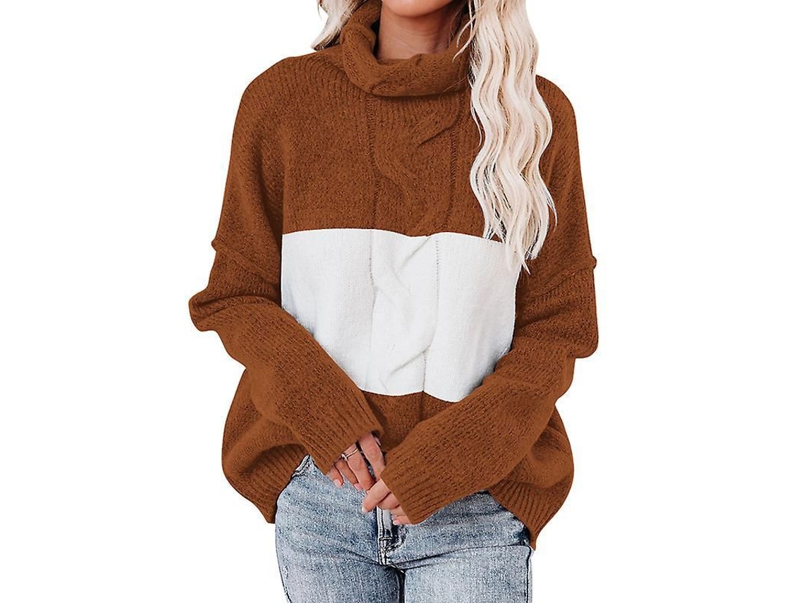 2026 suéter Casual Feminino Ilwhe de Manga Longa com Gola Alta e Design de Blocos de Cor