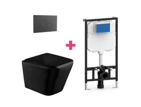 Conjunto de vaso sanitário suspenso de cerâmica preta fosca Aquore com cisterna redonda preta e botão de descarga