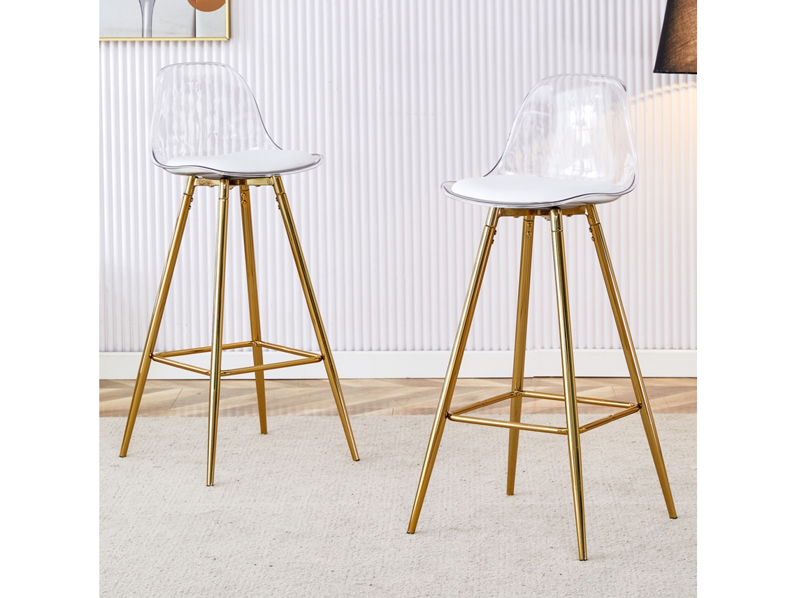 Conjunto De 2 Banquetas Altas Com Encosto Transparente, Estrutura Dourada – Ideais Para Cafés, Lounges E Balcões.
