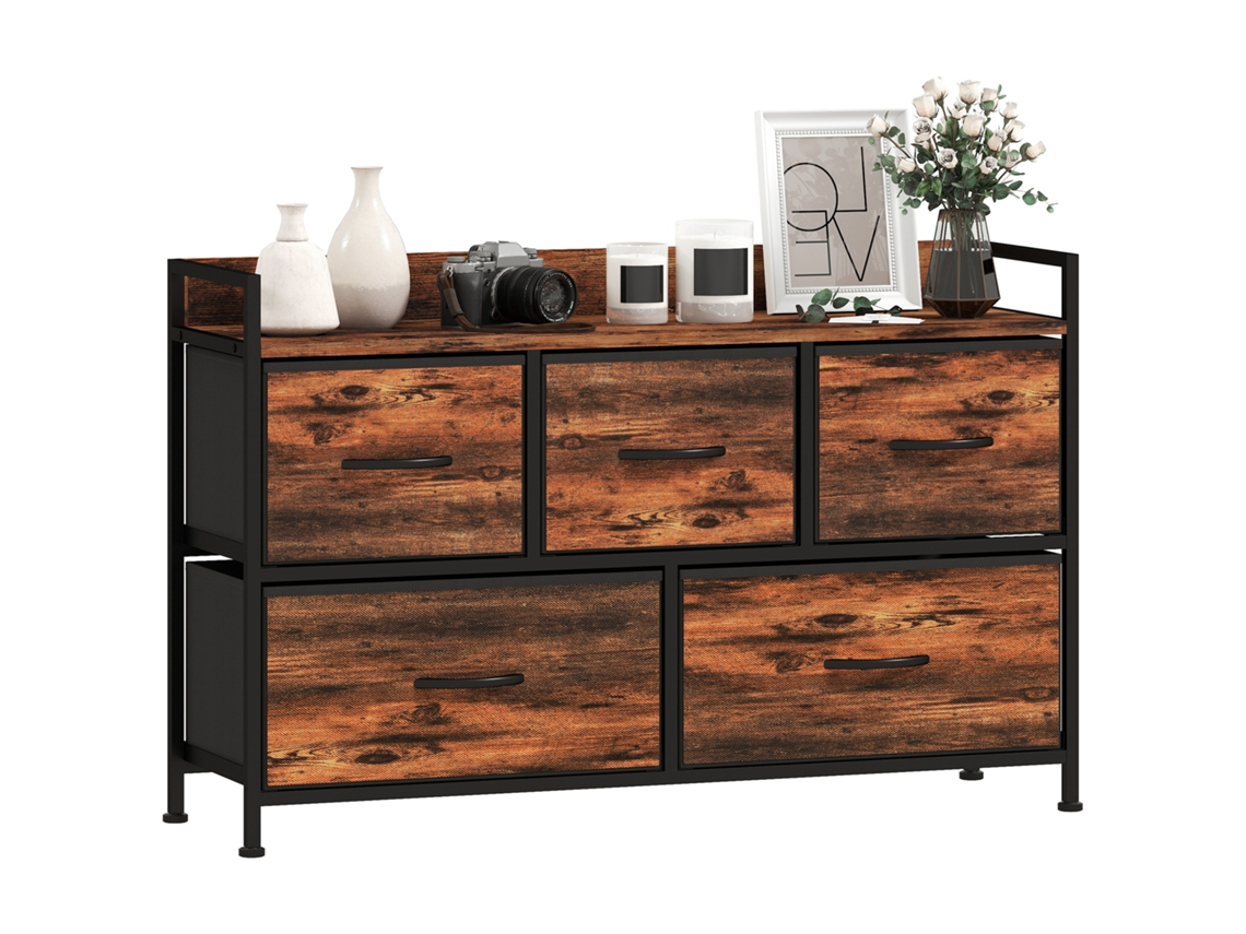 Cômoda de Tecido com 5 Gavetas e Estrutura Metálica Estilo Industrial para Corredor da Sala de Estar 98x29x63 Cm Marrom Rústico Ge