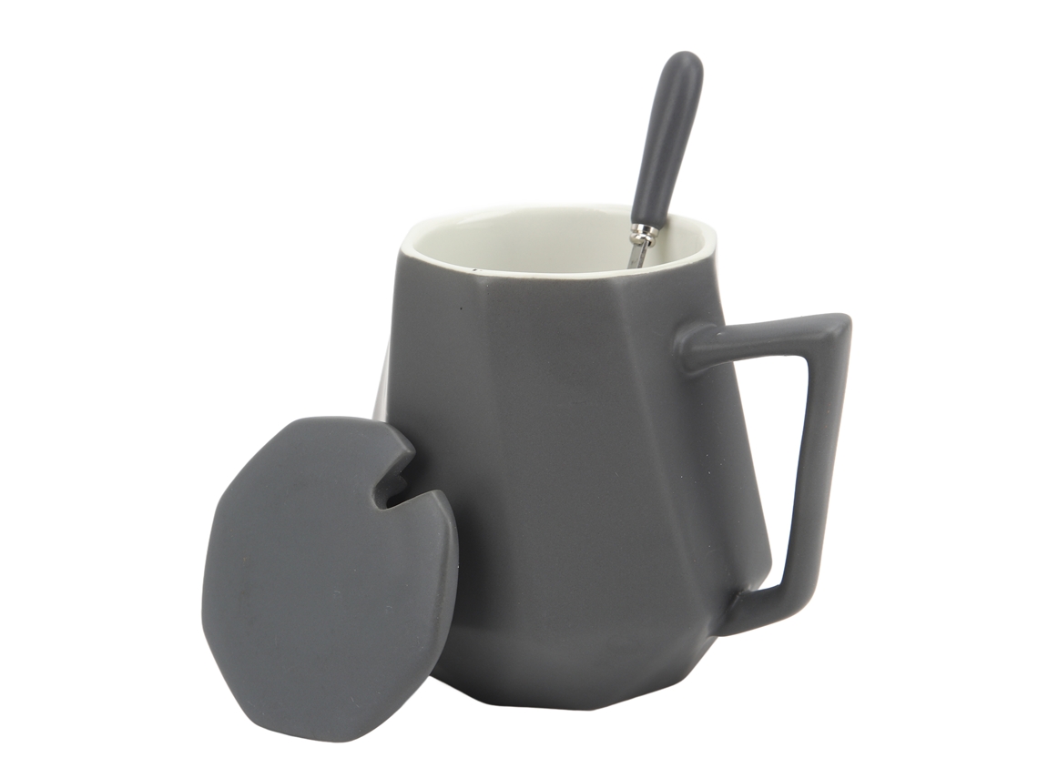 Caneca Cerâmica Geométrica com Tampa 450ml Cinza