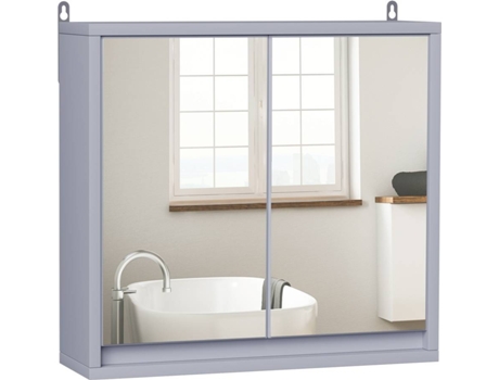 HOMCOM Armário de banheiro com espelho de parede com prateleira ajustável 3 níveis 2 portas 48x14,5x45 cm Cinza
