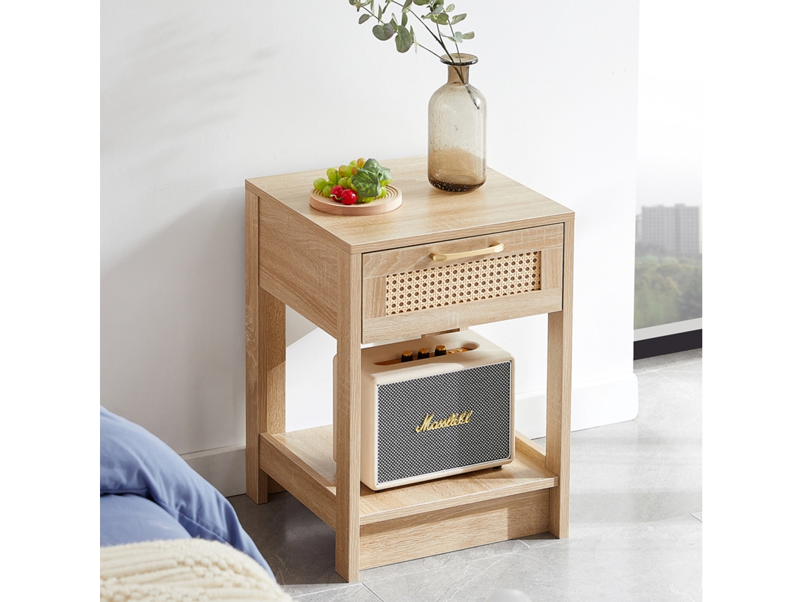 Mesa auxiliar 55x40x30cm com gaveta e pés em madeira maciça, moderna, sala de estar e quarto, natural, NOVELA