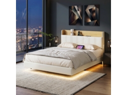 Cama de armazenamento 140x190 cm, ripas, luz LED, veludo bege | ROSAHQNDA