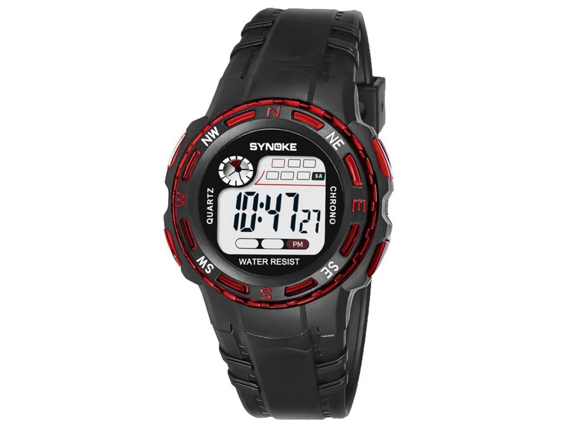 Relógio esportivo digital à prova d'água com luz suave e pulseira vermelha para crianças.