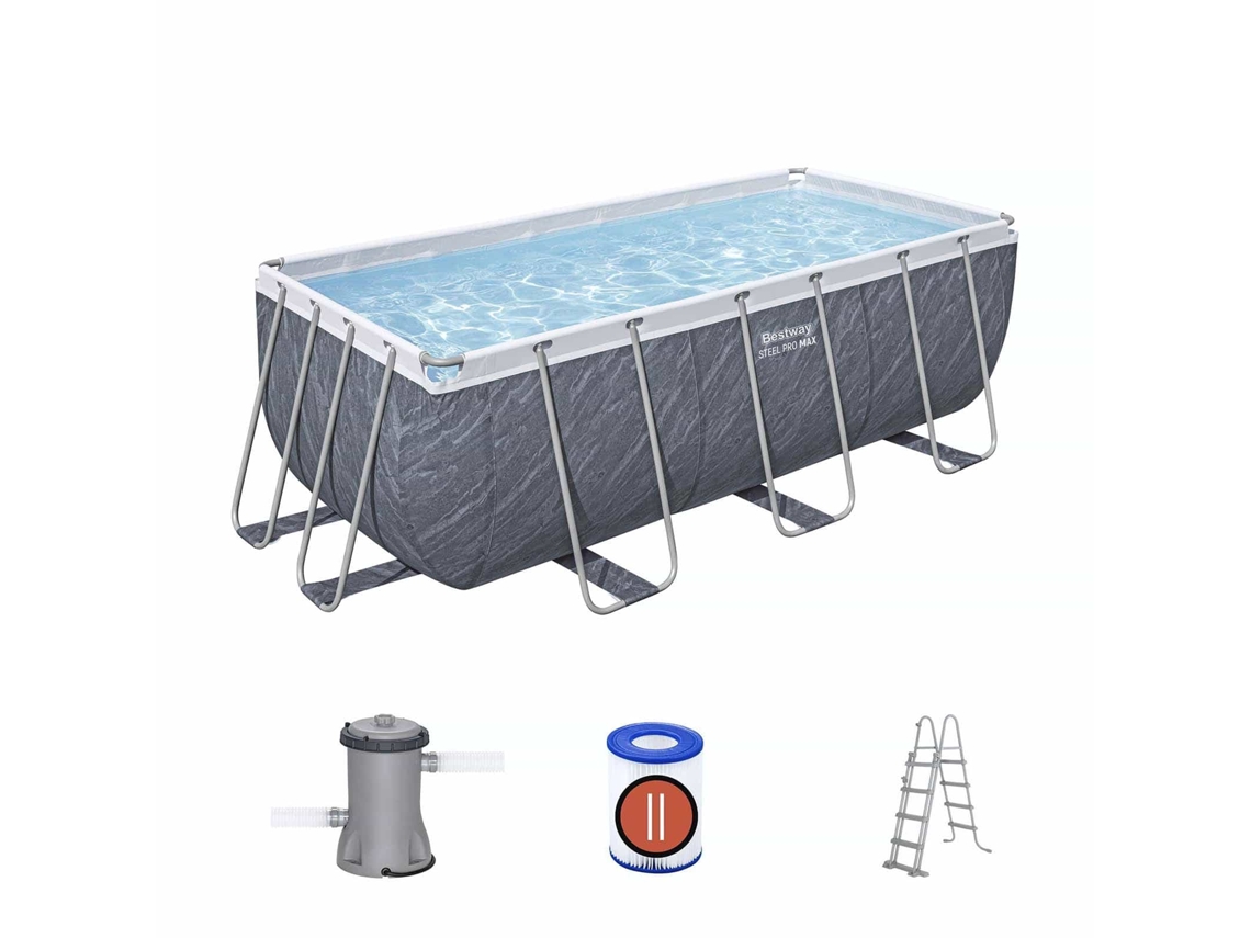 Piscina tubular retangular Steel Pro Max, 412x201x122cm, com filtro e escada, efeito mármore cinza BESTWAY
