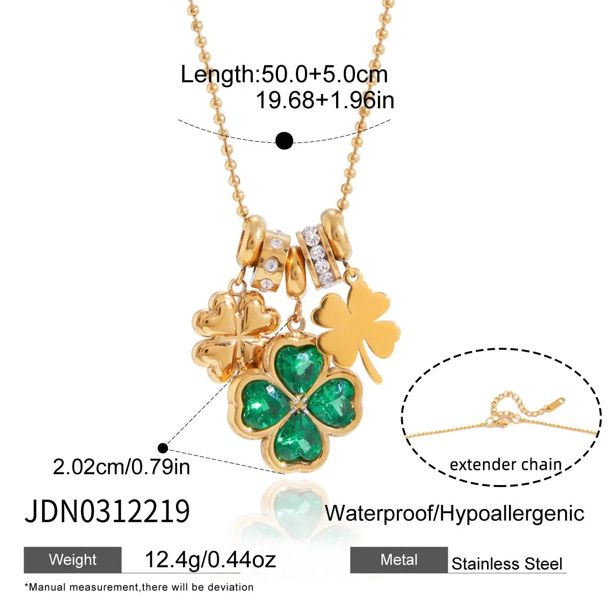 Colar Com Pingente De Trevo De Quatro Folhas Em Aço Inoxidável Banhado A Ouro Com Zircônia Verde