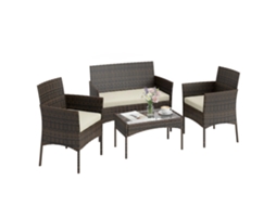 Conjunto jardim vime, 2 poltronas, sofá 2 lugares com almofadas, mesa vidro, marrom e bege | S/MARCA