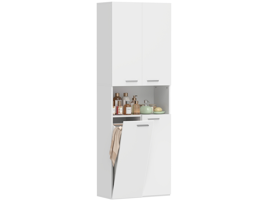 Armário Banheiro 2 Portas Cesto Roupa Dobrável Prateleira 60x30x174 Cm Branco