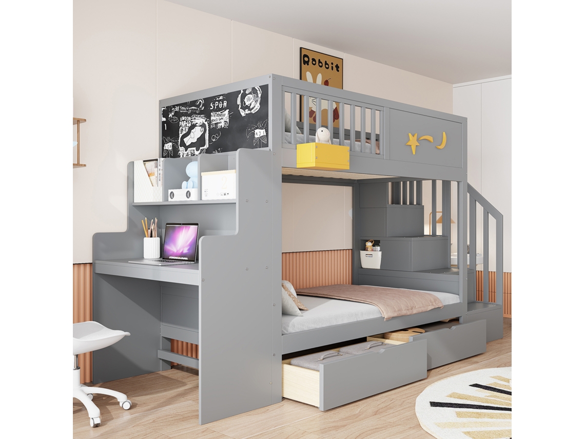 Beliche Infantil 90x200 Cm Em Pinho Maciço Com Gavetas De Arrumação, Escada Segura, Secretária E Motivo De Estrela, Cinzento