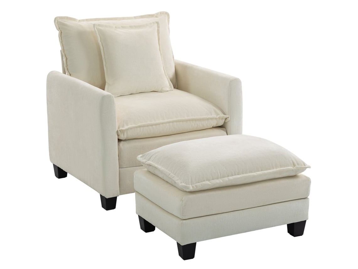 Poltrona com Apoio para os Pés, Sofá de Chenille de 1 Lugar, Assento Largo, Estofamento de Camada Dupla, 85x128x86cm, Creme ZACHARY