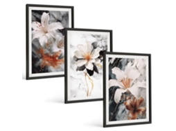Conjunto De Pinturas Flores, Mármore, Branco, Preto Espelharte (3 Peças 40x60 Cm)