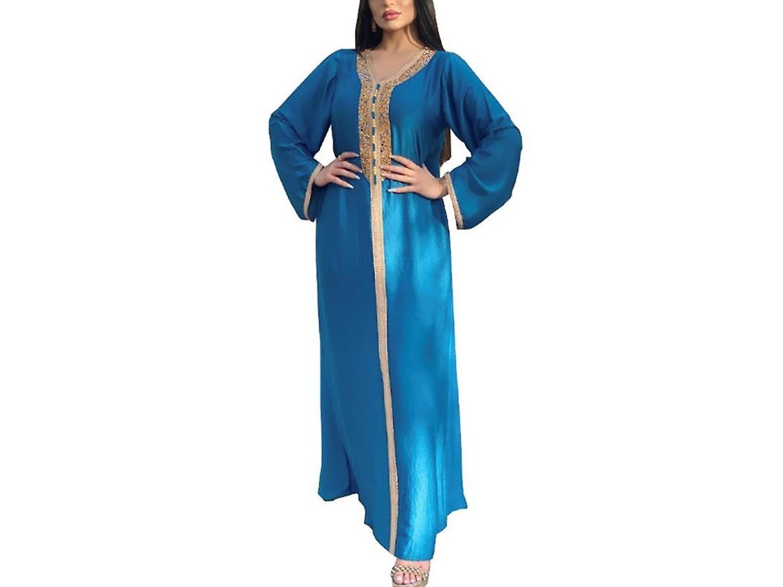 Vestido Longo De Cetim Com Fitil De Diamante Para Eid Al-fitr - Confortável E Suave Em Poliéster Azul