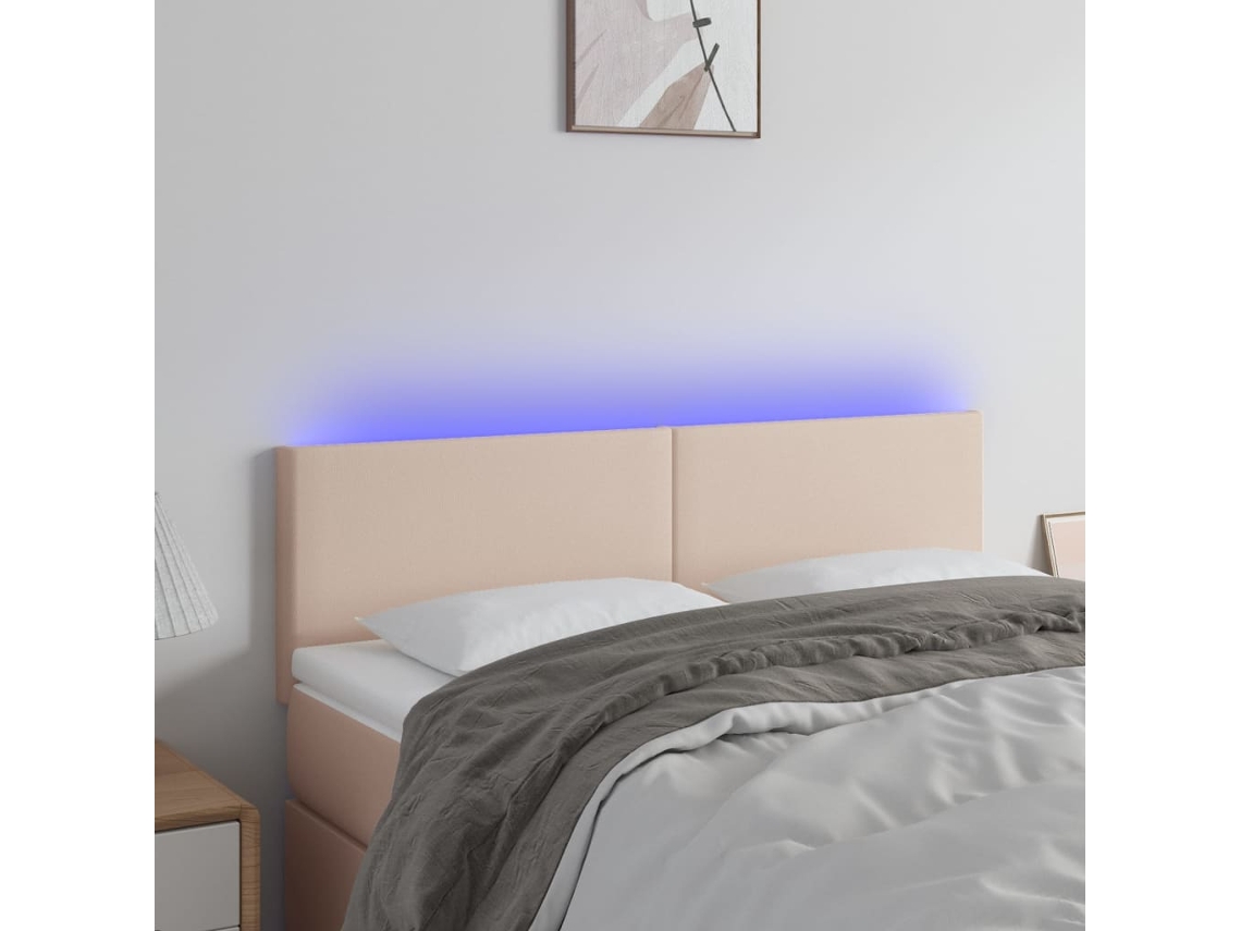 Vidaxl Cabeceira Cama C/ Led Couro Artificial 144x5x78/88cm Cappuccino