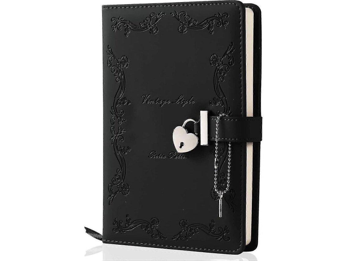 (Negro - 23,6 x 16,5 x 5,1 cm) Agenda con candado y llave, ideal para niñas, tapa gruesa, 360 páginas, en piel sintética, formato D-Aquaforge