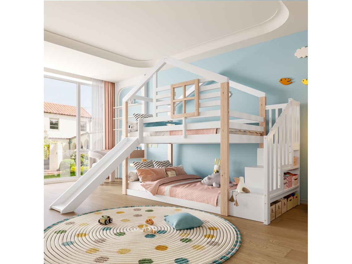 Beliche infantil escandinavo com escorregador, escada com arrumação e grades de segurança, madeira maciça VSOGA