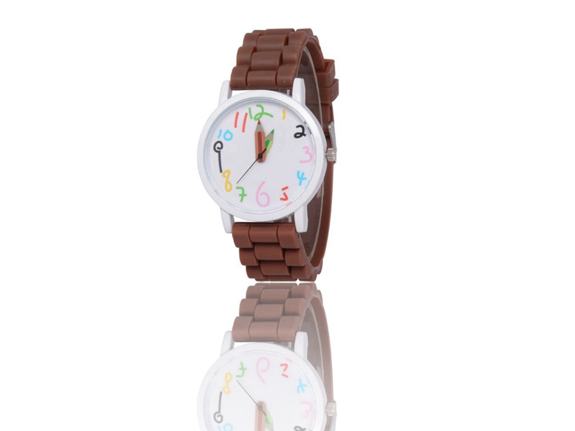 Relógio de Pulso Feminino de Quartzo com Pulseira de Silicone Redondo Colorido Marrom