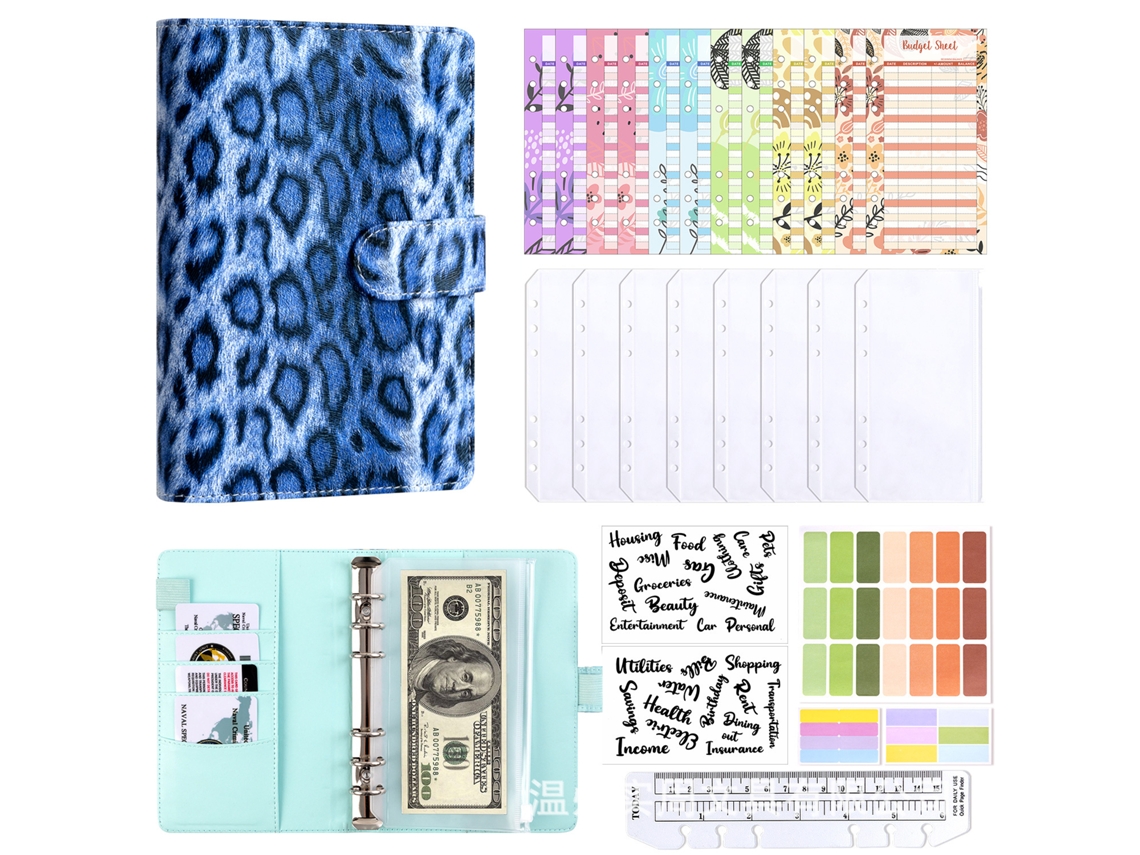 A6 Leopard Print Macaron Ring Binder Cash Budget Savings Ledger Blue Cover With 8-zipper Pouches, 12-sheet Cash Budget