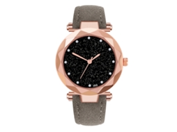 Relógio de Pulso Feminino com Strass e Pulseira de Couro Pu Cinza