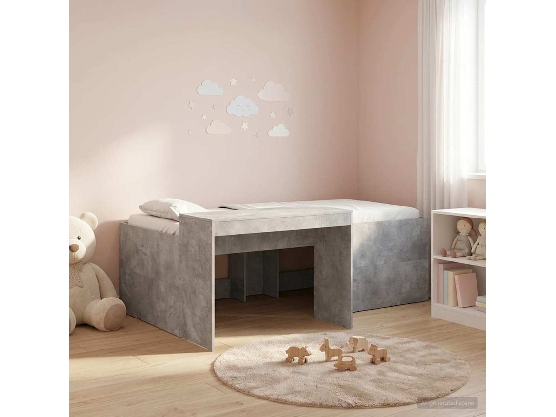 Vidaxl Cama Alta Para Crianças Com Mesa Cinzento Cimento 75 X 190 Cm