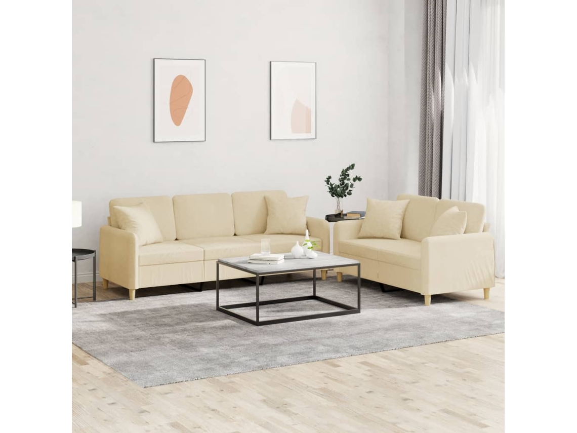 Vidaxl 2 Pcs Conjunto De Sofás Com Almofadas Tecido Cor Creme