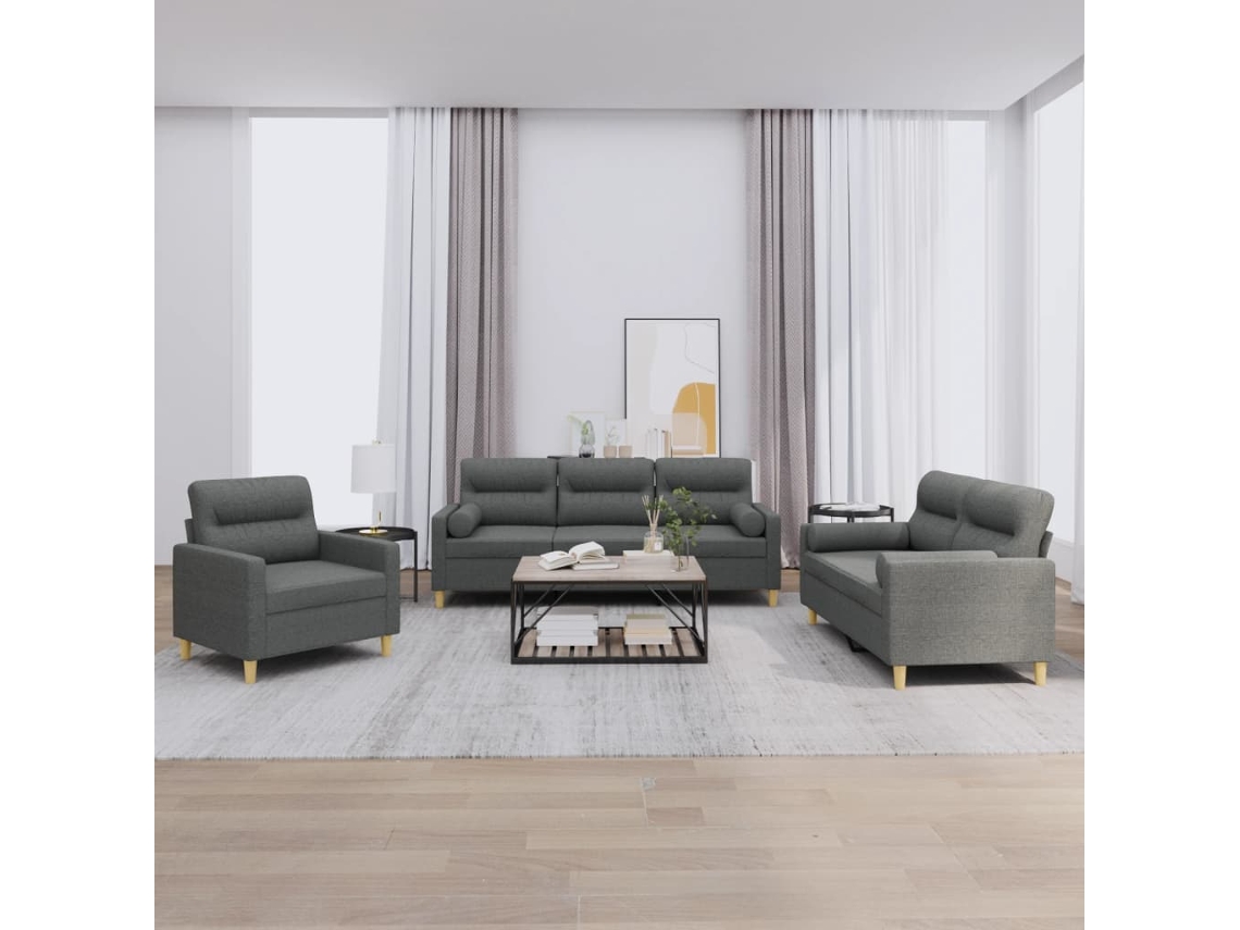 Vidaxl 3 Pcs Conjunto De Sofás Com Almofadas Tecido Cinzento-escuro