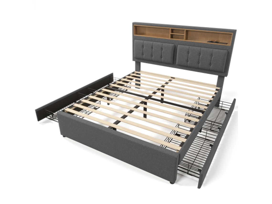 Cama De Casal 160x200 Estofada 4 Gavetas Usb C Cabeceira Regulável Madeira Com Colchão Ziwei Store