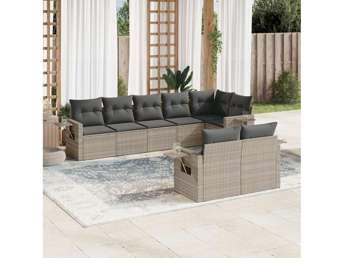 Vidaxl 8 Pcs Conj. Sofás Jardim C/ Almofadões Vime Pe Cinzento-claro