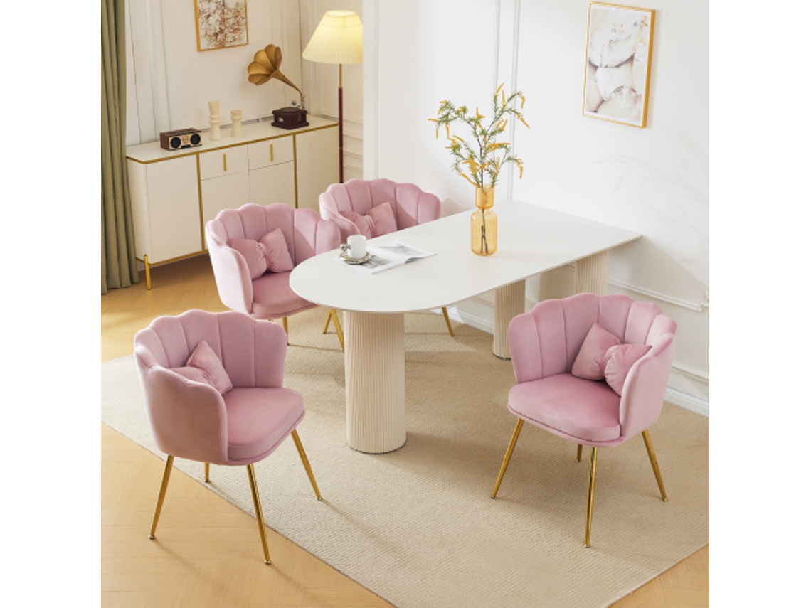 Conjunto de 4 Cadeiras BTFORUS Modernas de Veludo, estofadas com Encosto Pétala e Pernas Douradas, para Sala de Estar, quarto ou Banheiro