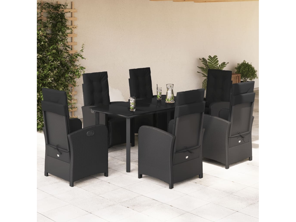 Vidaxl 7 Pcs Conjunto De Jantar P/ Jardim C/ Almofadões Vime Pe Preto