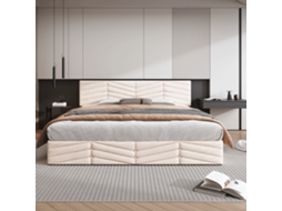 Cama casal 160x200cm com estofado, hidráulico com armazenamento, veludo listrado, cabeceira ajustável, 300kg, botões decorativos bege KOMHTOM