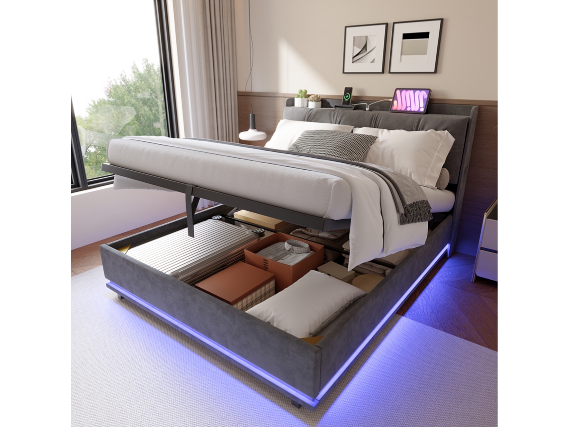 Cama Com Estofo Em Led De 140x200,cama Hidráulica,com Uma Faixa De Luzes À Volta Da Base,cama De Casal Com Porta Usb Para Carregamento,veludo,cinzenta