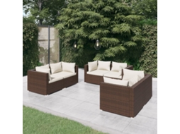 Vidaxl 6 Pcs Conjunto Lounge Jardim C/ Almofadões Vime Pe Castanho