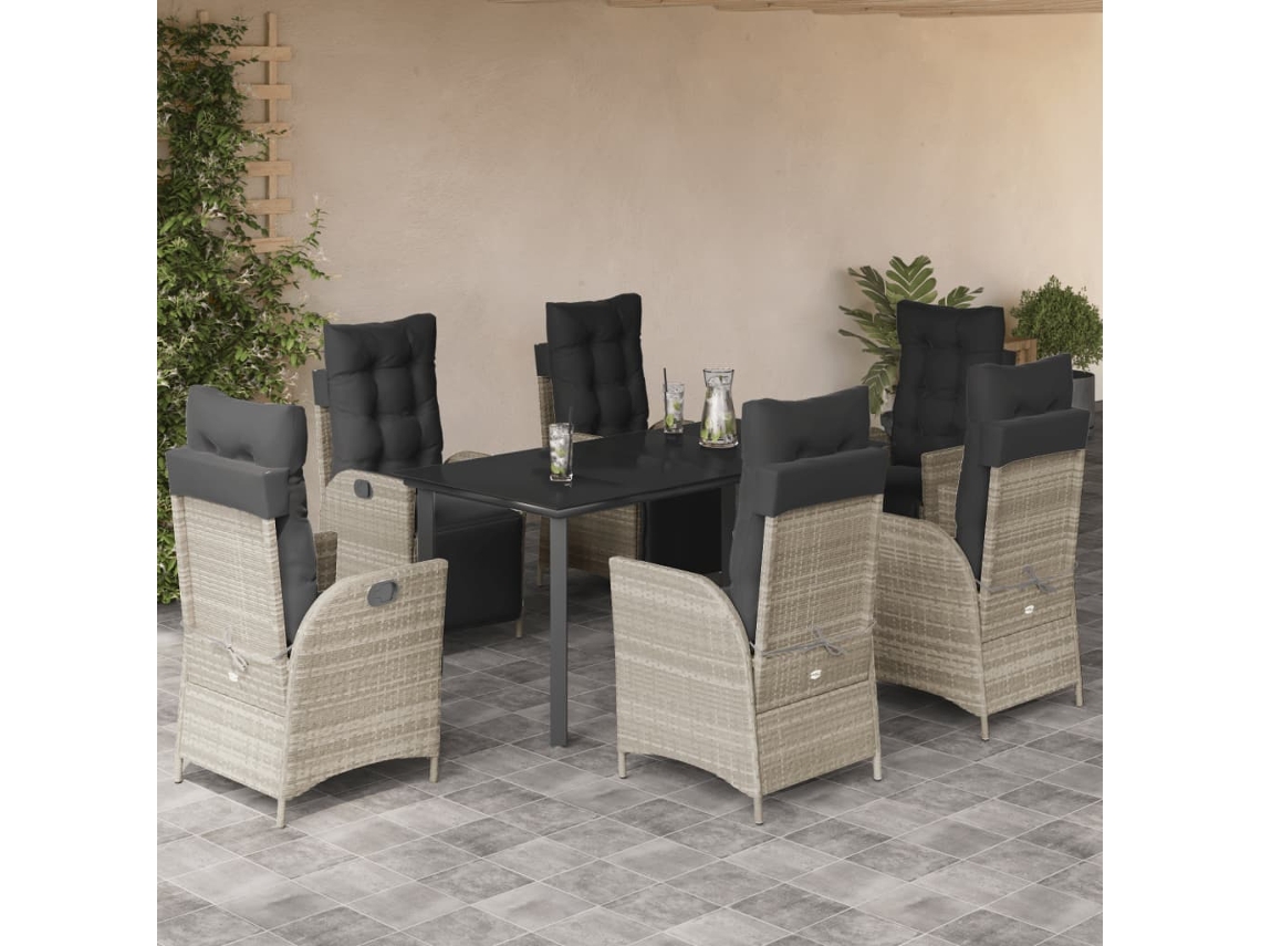 7 Pcs Conj. Jantar P/ Jardim C/ Almofadões Vime Pe Cinza Claro Dkd Home Decor